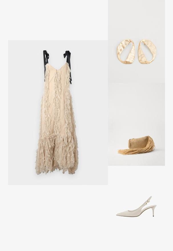 Ida Sjöstedt DAISY GOWN - Rochie maxi - light beige; Pantofiu slingback din piele bej, cu vârf ascuțit, toc subțire și accente de hardware auriu pe curea. Textură netedă pe întreaga suprafață.; Cult Gaia VIERA - Geantă plic - natural; O pereche de cercei din metal de culoare aurie, cu formă ovală neregulată, având o suprafață texturată, ușor ciocănită, pe un fundal alb.
