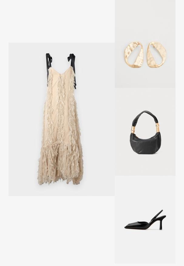 Ida Sjöstedt DAISY beżowy; Czarne skórzane czółenka typu slingback z wąskim noskiem, minimalistyczny design, cienki pasek wokół kostki i elegancka szpilka. Gładka tekstura.; Czarna skórzana torebka o okrągłym kształcie, miękkiej fakturze i wiązanym uchwycie z akcentami w złotym odcieniu. Zamek błyskawiczny.; Para nieregularnych, owalnych kolczyków ze złotego metalu o teksturowanej, lekko młotkowanej powierzchni na białym tle.