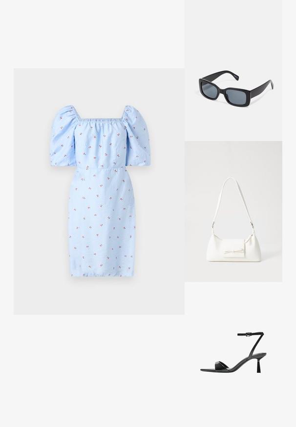 Modra obleka z nabranimi rokavi, kvadratnim izrezom in cvetličnim vzorcem majhnih rdečih cvetov na teksturirani tkanini. Prilegajoča se v pasu.; Bershka Sandali z visoko peto - black; Črne pravokotne sončna očala z temno obarvanimi lečami, debelim plastičnim okvirjem in širokimi nogicami. Gladka površina in ostri oblikovni detajli.; Bela sintetična torbica v obliki trikotnika, z ravnim sprednjim poklopcem in detajlom mašne, nastavljivim trakom, gladko teksturo in minimalističnim dizajnom.