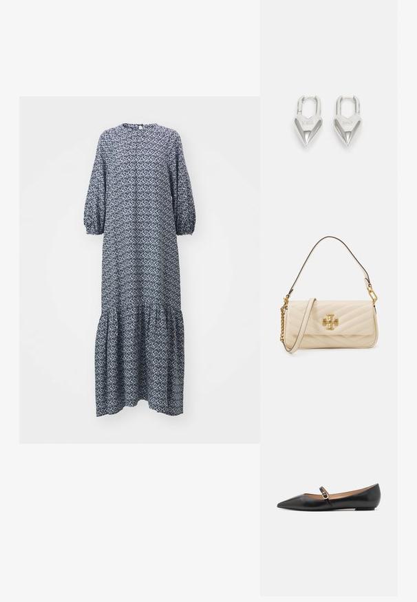 Rochie bleumarin, cu mânecă lungă, dintr-un material cu model, guler rotund și tiv cu volane în straturi. Fabricată dintr-un material ușor.; Balerini din piele neagră, cu vârf ascuțit și o curea laterală ce prezintă un accent circular de aur. Ușoare, cu o talpă plată.; Geantă crem matlasată cu un accent de logo auriu, având o curea din lanț și piele. Design structurat și textură netedă cu cusături diagonale.; Lacate în formă de inimă, argintii, cu inscripții gravate "DA" și "NU", finisaj lustruit, design simetric și un închizător robust din metal.