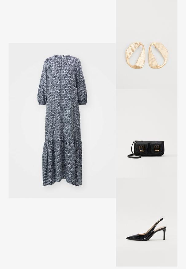 Tyrkysově modré šaty s dlouhým rukávem, vzorovanou látkou, kulatým výstřihem a volánkovým lemem. Vyrobeno z lehkého materiálu.; Černé lakované slingback lodičky s špičatou špičkou, úzkým podpatkem a jemným výřezem. Obsahují zlatou sponu na řemínku.; Černá kožená crossbody taška se dvěma předními kapsami, zlatými přezkami, zipovým uzávěrem a štíhlým popruhem. Texturovaný povrch a kompaktní obdélníkový tvar.; Pár nepravidelných oválných náušnic z kovu pozlaceného zlatem s texturovaným, mírně kladivkovým povrchem na bílém pozadí.