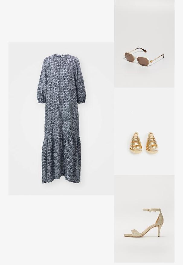 Tumedat sinine, pika varrukaga kleit mustrilise kangaga, ümmarguse kaeluse ja kihilise volangäärisega. Valmistatud kergest materjalist.; Kuldne sädelev kõrge kontsaga sandaal, millel on pahkluu rihm, avatud varvas ja ruudukujuline ninaosa. Omab kitsast ja kumerat kontsa tõste saavutamiseks.; Tory Burch Päikeseprillid - shiny gold-coloured; Kuldsetes toonides kõrvarõngad, mis on kujundatud piklikeks koonuskujuliseks, koos spiraalsete detailidega. Sile pind peegeldava viimistlusega, millel on kaarjad aktsendid.
