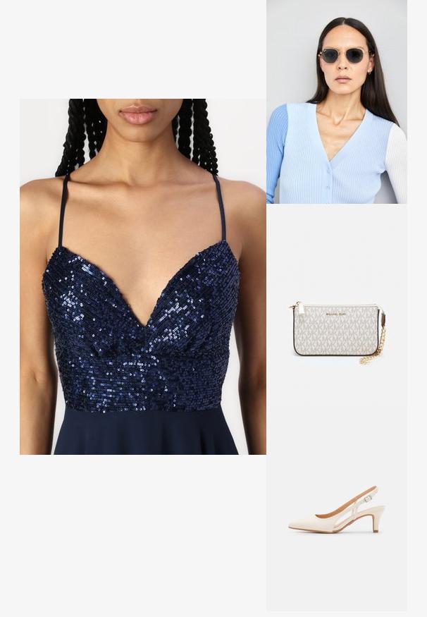 Marineblaues Kleid mit V-Ausschnitt, das mit Pailletten am Oberteil verziert ist und dünne Träger hat. Der Rock fällt sanft von der Taille.; Weiße Slingback-Absätze mit spitzer Zehenpartie, glattem Obermaterial, niedrigem Blockabsatz und seitlichem Ausschnitt-Design mit verstellbarem Schnallenriemen.; Runde Sonnenbrillen mit dunklen Gläsern und goldenen Rahmen. Das Modell trägt eine hellblaue, gerippte Strickjacke mit Knöpfen und weißen Kontrastärmeln.; Michael Kors Clutch in beige beschichtetem Canvas mit einem wiederholten MK-Logo-Muster, goldfarbener hardware und einem abnehmbaren Kettenriemen.