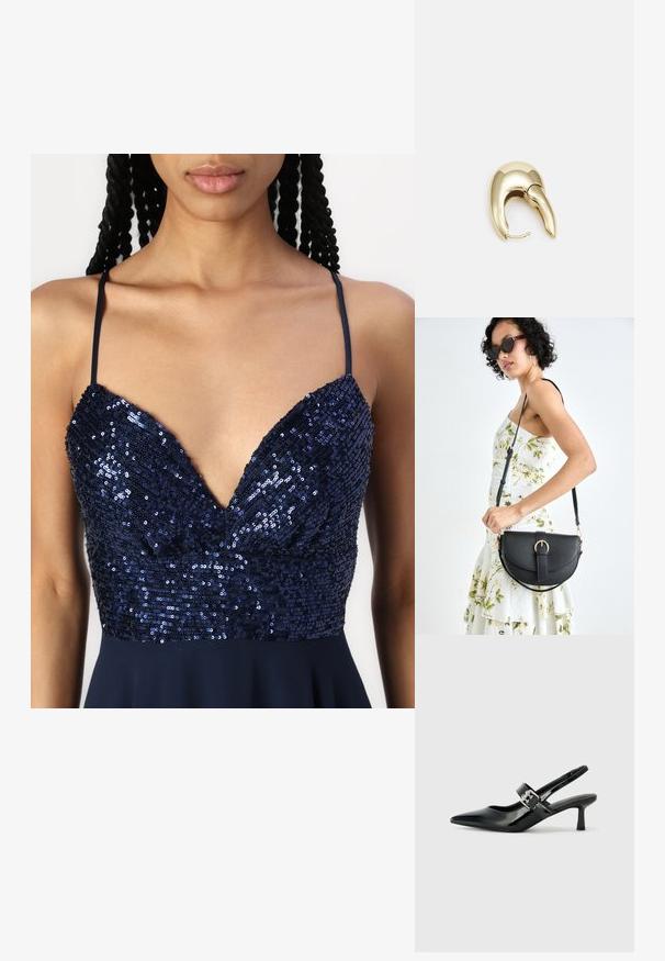 Mørkeblå kjole med v-halsdesign og paljetter på livstykket samt tynne skulderremmer. Skjørtet flyter jevnt fra livet.; Svarte patent lær slingback hæler med spiss tå og en liten blokkheel, med en sølvspenne som detalj på stroppen.; Svart lærveske med en buet form, avtagbar stropp og gullbeslag. Vesken har et klaff med spenne-detall.; Gullfarget metalløredobber med et elegant, buet design. Har en karakteristisk spiss form, polert overflate og hengsel-lukking.