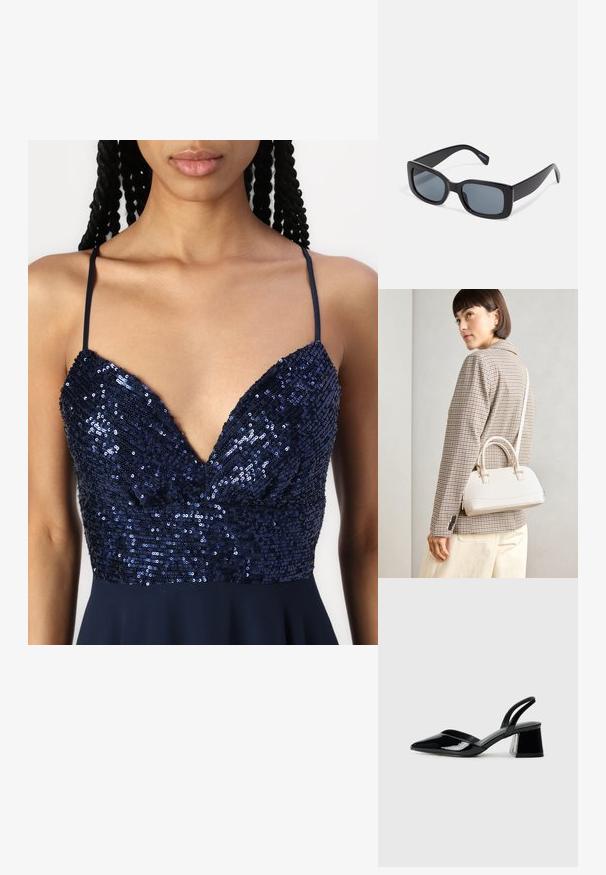 Rochie bleumarin cu un decolteu în formă de V, decorată cu paiete pe bust și bretele subțiri. Fusta curge lin de la talie.; Pantofi cu toc slingback din piele lacuită neagră, cu vârf ascuțit și toc geometric. Prezintă un design elegant, minimalist și o textură netedă.; Ochelari de soare negri rectangulari cu lentile întunecate, cadru gros din plastic și tâmple late. Suprafață netedă și design unghiular.; Geantă structurată albă, cu mânere scurte și curea de umăr, având accente din metal aurit și material texturat, expusă pe un fundal gri.