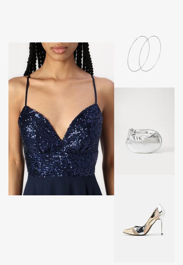 Mornarsko plava haljina s V-izrezom, ukrašena šljokicama na tijelu i tankim naramenicama. Suknja glatko pada od struka.; Cipele s visokom potpeticom i špicastim vrhom u srebrnoj, zlatnoj i nude boji. Sjajan finiš s izrezbarenim dizajnom, s potpeticom u obliku stiletto.; Srebrna metalik torbica s mekim, zaobljenim oblikom i čvorastim zatvaranjem na vrhu. Izrađena od glatke sintetičke kože.; Srebrne okrugle naušnice s minimalističkim dizajnom. Kružni oblik, glatka tekstura i tanak profil. Lagane s poliranim završetkom.