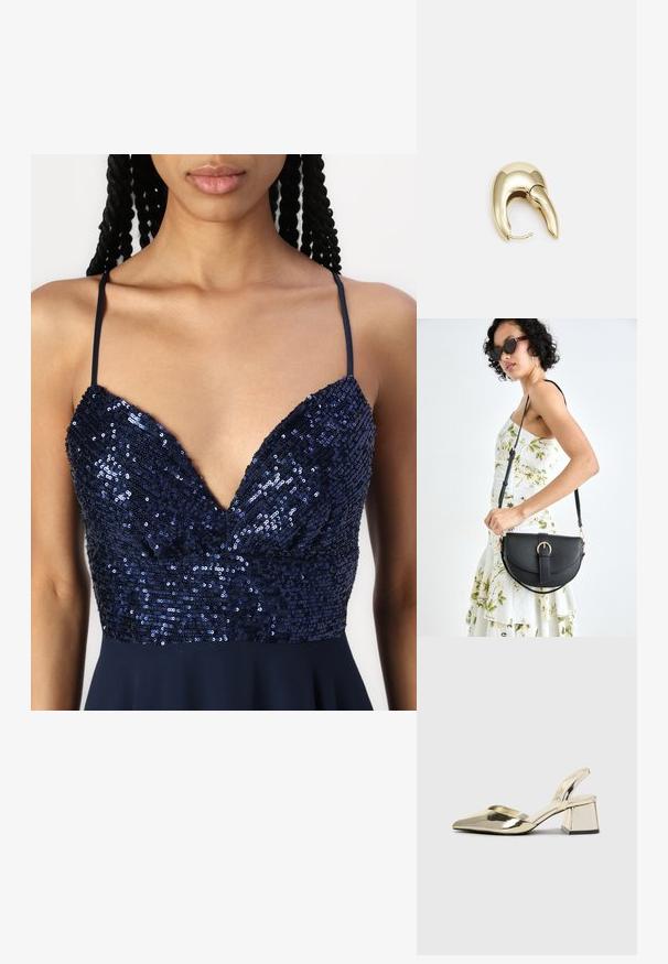 Navy blue dress featuring a v-neck design with sequins on the bodice and thin shoulder straps. The skirt flows smoothly from the waist.; Gold, metallic slingback heels with a pointed toe and chunky heel. Smooth texture, minimalistic design, and a narrow strap.; Black leather handbag with a curved shape, detachable strap, and gold hardware. The bag features a flap with a buckle detail.; Gold-tone metal earring with a sleek, curved design. Features a distinctive pointed shape, polished surface, and hinge closure.