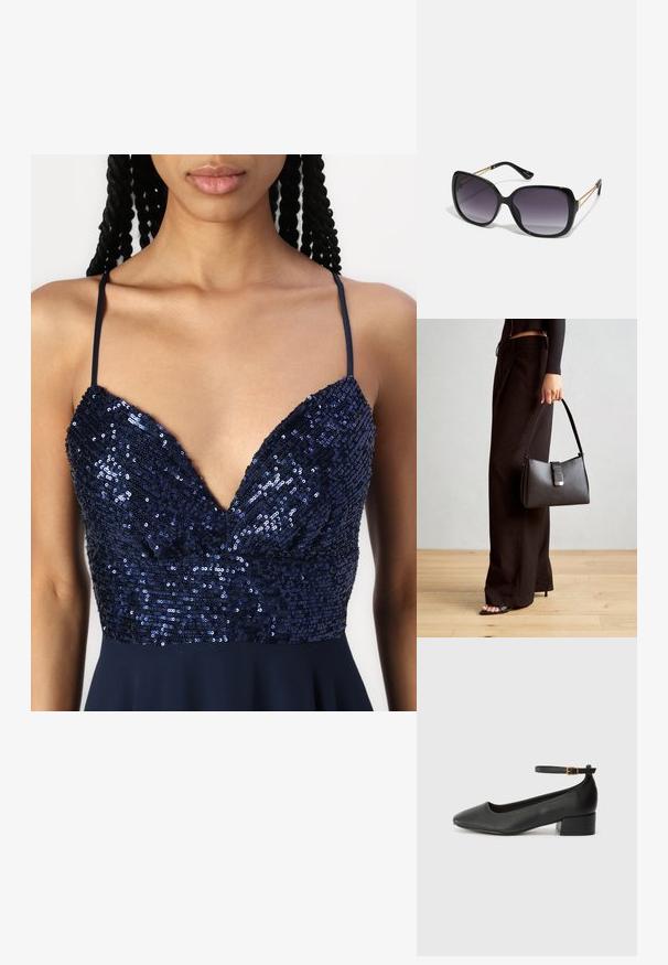 Mornarji modra obleka z dekoltejem v obliki V, okrašena z bleščicami na zgornjem delu in tankimi naramnicami. Krilo gladko pada od pasu.; Črne usnjene pumpice z nazobčanimi prsti in nizko blokasto peto. Imajo trak okoli gležnja z zaponko v zlatem tonu. Gladka tekstura.; Črne prevelike sončne očala z degradacijskimi lečami, debelimi okvirji in zlatimi verižicami na ročajih.; Črna torbica z strukturirano obliko, gladko teksturo in kovinskim zaponko. Ujemajo se z širokimi črnimi hlačami in odprtimi sandali na lesenem tleh.