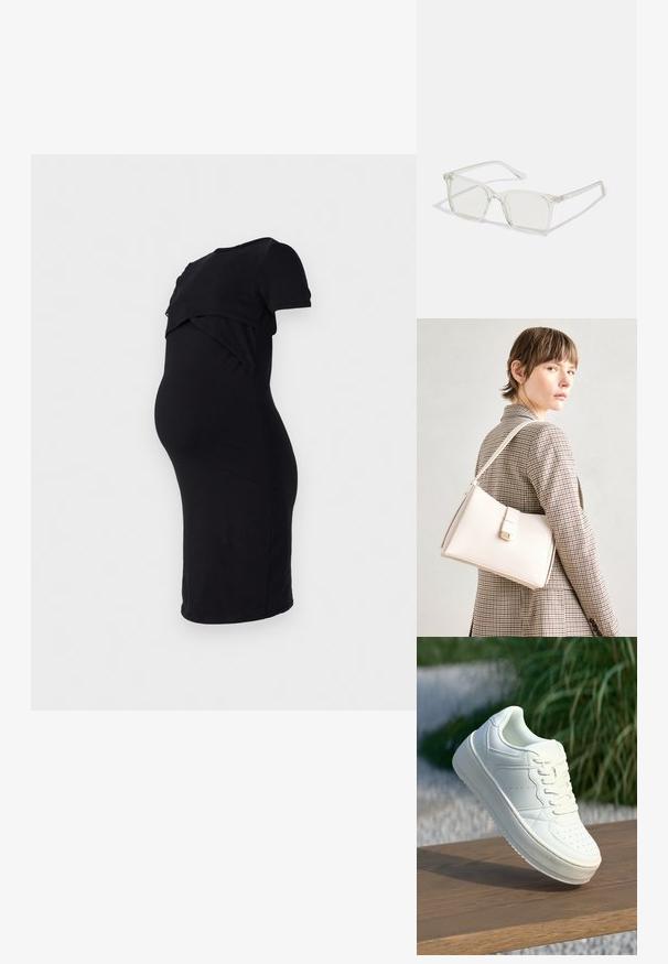 ONLY MATERNITY OLMADELIE DRESS - Rochie de zi - black; Adidași din piele albă cu talpă plată, vârf rotund și accente perforate. Prezintă un sistem de închidere cu șireturi și un design minimalist, așezați pe o suprafață din lemn.; Ochelari de vedere cu rame pătrate din plastic transparent, dotate cu lentile translucide și accente aurii pe temple pentru un detaliu suplimentar.; Geantă de mână din piele albă cu un design structurat, având o închidere magnetică și un breteau, expusă pe un fundal neutru.