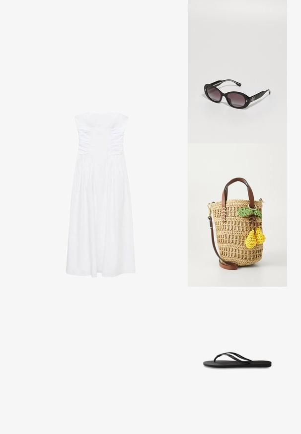 Weißes trägerloses Kleid mit gerafften Details am Oberteil, fließendem Rock und glattem Stoff. Keine sichtbaren Beschläge oder Muster.; Schwarze Flip-Flops mit einer strukturierten Gummisohle, zwei schlanken Riemen und einem dezenten, geprägten Logo-Detail auf dem Riemen.; Schwarze Sonnenbrille mit dunkelverlaufenden Gläsern, ovaler Form, glänzender Oberfläche, mit einem hervorgehobenen Logo an der Seite und silbernen Akzenten.; Geflochtener Strohkessel mit einem hellbraunen Lederriemen, verziert mit einem grünen Blatt und zwei gelben gehäkelten Zitronenakzenten, die an der Seite hängen.