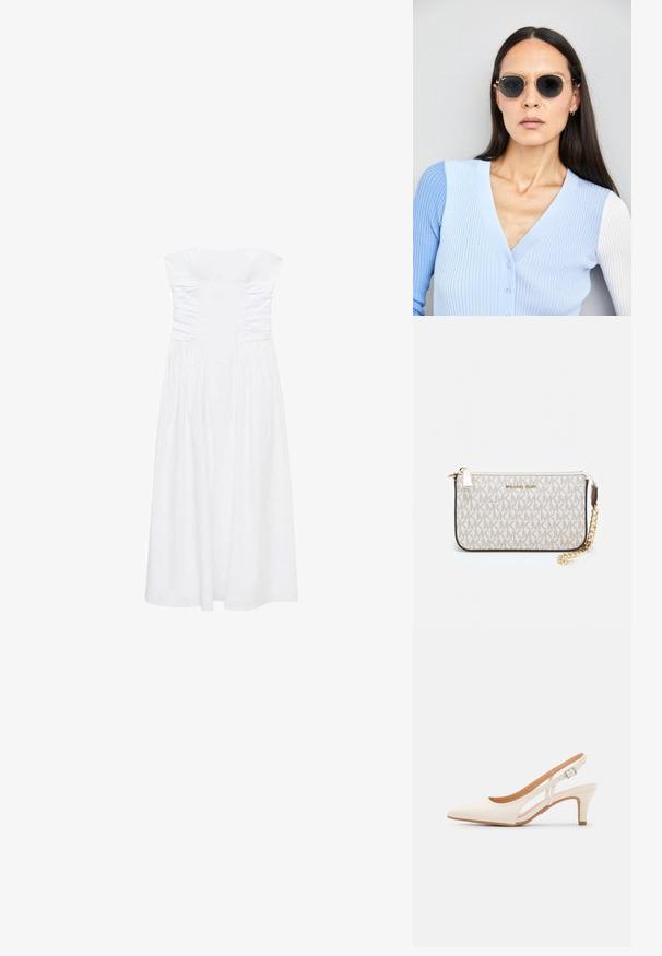 Abito bianco senza spalline con dettagli arricciati sul corpetto, gonna fluida e tessuto liscio. Nessun hardware visibile o motivi.; Slingback bianco con punta affusolata, materiale superiore liscio, tacco basso a blocco e design con ritagli laterali, dotato di cinturino regolabile con fibbia.; Occhiali da sole rotondi con lenti scure e montatura dorata. Il modello indossa un cardigan leggero azzurro a costine con bottoni e maniche bianche a contrasto.; Wristlet Michael Kors in tela rivestita beige con motivo a logo MK ripetuto, hardware dorato e tracolla a catena staccabile.