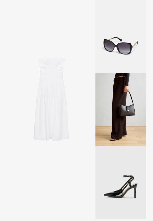 Bijela haljina bez naramenica s naboranim detaljima na tijelu, lepršavom suknjom i glatkim materijalom. Nema vidljivih hardverskih dijelova ili uzoraka.; Crne lakirane kožne cipele na visokom potplatu sa otvorenim petama, špicastim vrhom i podesivim remenom oko gležnja. Glatka tekstura.; Crne prevelike sunčane naočale s gradijentnim lećama, debelim okvirom i zlatnim lancem kao detaljem na krakovima.; Crna torba s oblikom koji sadrži strukturu, glađu teksturu i metalnu kopču. Uparena s širokim crnim hlačama i sandalama na otvorenom s drvenog poda.