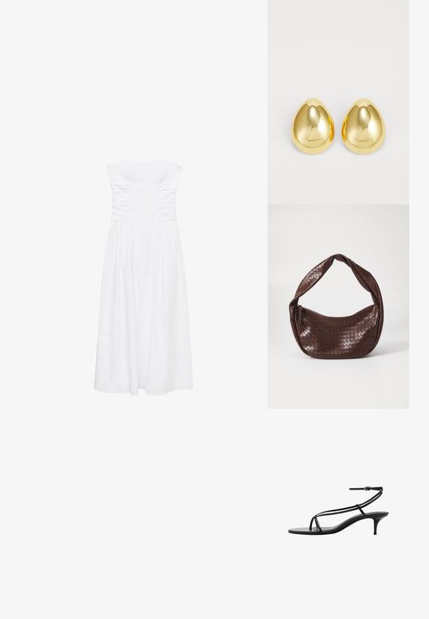 Biele strapless šaty s naťahovaním v oblasti korzetu, splývavou sukňou a hladkým materiálom. Žiadne viditeľné prvky alebo vzory.; Čierne sandále na vysokom podpätku s tenkými popruhmi, minimalistickým dizajnom, špicatou špičkou a malým stiletto podpätkom. Hladká kožená textúra.; Hnedá tkaná kožená kabelka s zakrivenou, uzlovou rukoväťou a zipsovým uzatvorením. Hladký povrch a zaoblený tvar.; Náušnice srdce vo zlatej farbe s hladkým, lesklým povrchom a tvarom kvapky, odrážajúce svetlo pre lesklý finiš.