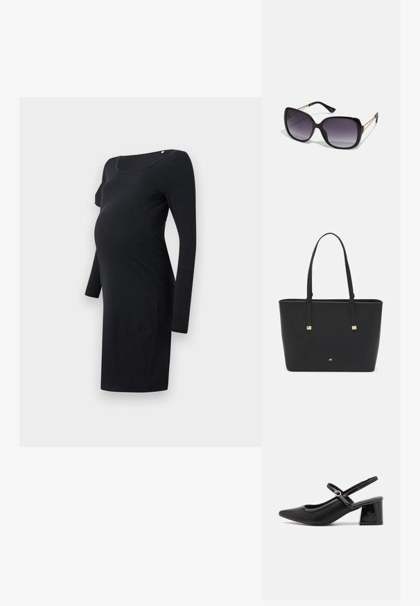 Melnas garajām piedurknēm grūtniecību kleita ar iegrieztu kakla izgriezumu, pieguļošu siluetu un mīkstu, elastīgu audumu. Gluda tekstūra bez redzamām rakstām.; Melns patentēts ādas sandales ar norādīta pirksta formu, noapaļotu izgriezuma dizainu un bloķētu papēdi. Iezīmēta ar zelta toņa sprādzi.; Melni pārmērīgi lieli saulesbrilles ar gradāciju lēcām, biezām rāmja malām un zeltainas krāsas ķēžu detaļām uz tempļiem.; Melnā somiņa, kas izgatavota no sintētiska materiāla, ar vienkāršu taisnstūra formu, zelta kvadrātveida akcentiem un divām rokturiem.