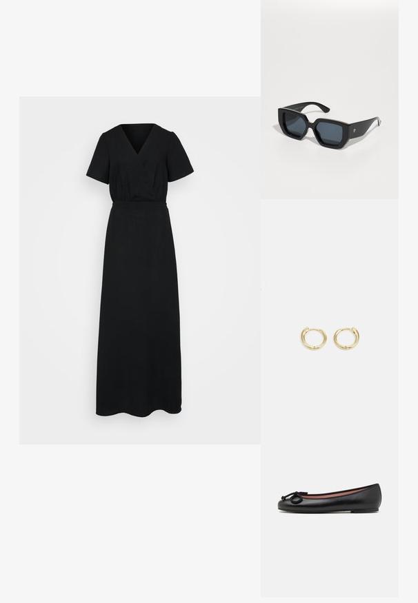 Melna garā kleita ar V veida kakla izgriezumu un īsām piedurknēm. Izgatavota no teksturēta auduma, tai ir elastīga vidukļa zona un plūstoša svārku daļa.; Melnas ādas baleta kurpes ar apaļu pirkstu, dekora elements ir iestrādāts ziediņš un gluda tekstūra. Minimālisma dizains ar zemu, platu zoli.; Melnas lielas saulesbrilles ar ģeometrisku dizainu, taisnstūrveida lēcas un spīdīgu apdari. Uz priekša nav redzama zīmola.; Zelta auskari ar gludu, noapaļotu dizainu. Iekļauj mazu eņģu aizdari, vieglu izskatu un pulētu apdari.