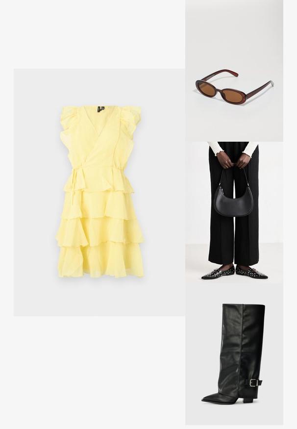 Gul omslagskjole med volangermermer og lagdelte lag, med innsvingt midje og myk, lett stoff.; Svarte lær ankelstøvler med spiss tå, glatt tekstur og en sølvspenne aksent på siden. Kraftig firkantet hæl.; Runde, brune solbriller med en blank burgunderfarvet ramme. Slanke arme med subtile brandingdetaljer. Flad linse design.; Svart skinn skulderveske med en avrundet form, glanset overflate og sølvfargede detaljer. Person iført sorte vide bukser og naglede loafers.