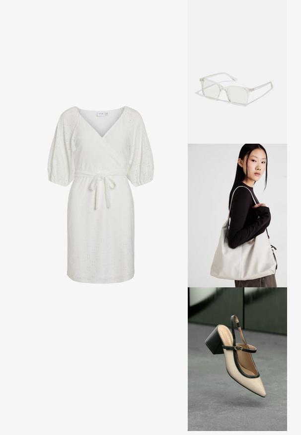 VILA VINYNNE WRAP DRESS - Dnevna haljina - cloud dancer; Bež cipele s otvorenom petom i šiljastim vrhom, crnim obrubom, zlatnom kopčom i debelim blok-petom na sivom podu s tamnozelenom pozadinom.; Prozirne plastične naočale kvadratnog okvira s prozirnim lećama, koje sadrže zlatne akcentne detalje na drškama.; Bežna torba od mekog materijala s opuštenim dizajnom, šivanim detaljima i dva remena za rame. Pogodna za svakodnevnu upotrebu.