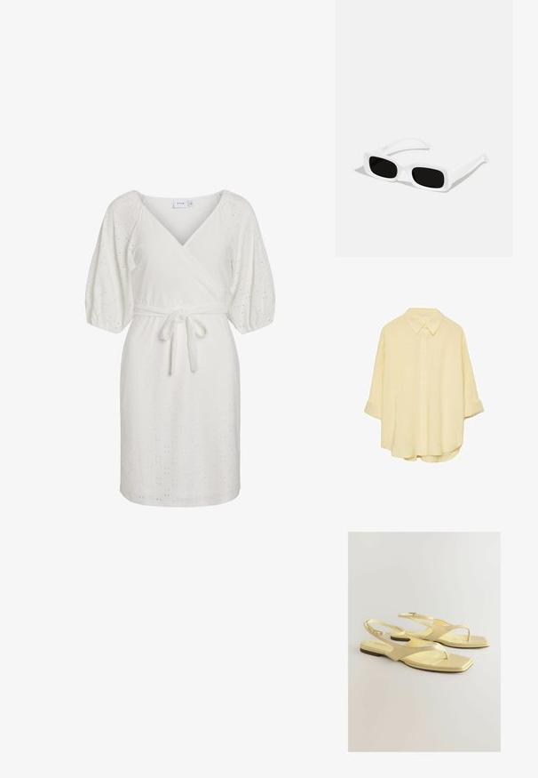 VILA VINYNNE WRAP DRESS - Dnevna obleka - cloud dancer; Svetlo rumena, srajca na gumbe iz mehkega materiala. Ima klasičen ovratnik, zavihane rokave in sproščen kroj s ukrivljenim robom.; Rumene ravne sandale z teksturirano umetno usnjeno zgornjo stranjo, obliko toe post in gleženjskim trakom s majhno zaponko. Kvadratna oblika nosu, minimalističen stil.; Bele sončne očala pravokotne oblike v bele barve z črnimi lečami, ki imajo mat površino in gladko teksturo. Nastavljivi ročaji so elegantni in nekoliko ukrivljeni.; Rumena nabirana torbica iz gladke umetne kože, ki ima mehko obliko, en ramenski trak in nabran vrhnji del.
