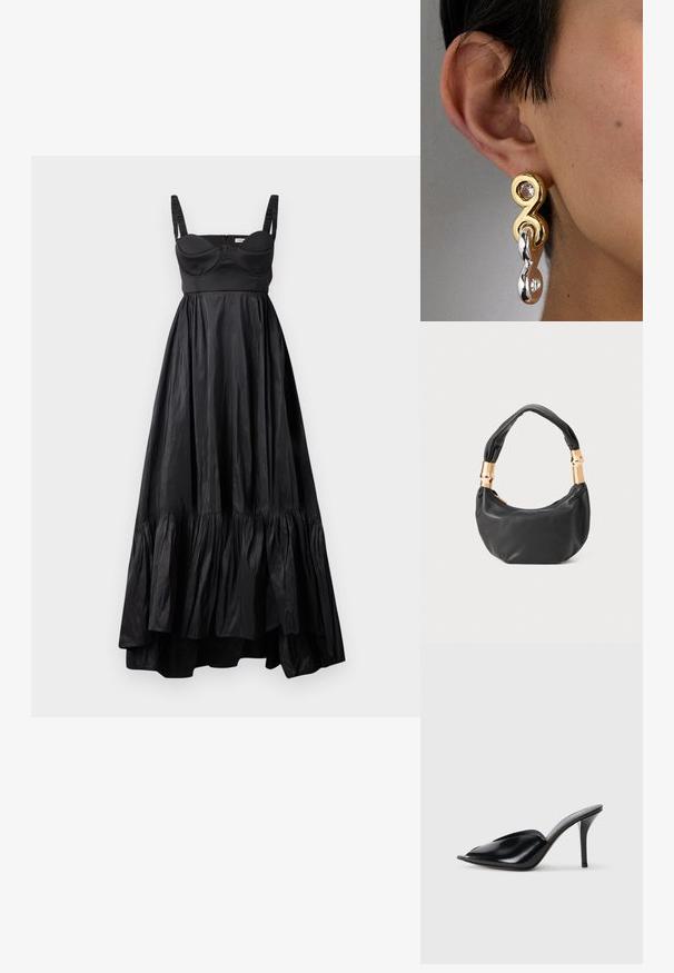 Črna maksi obleka iz gladkega materiala, z oprijetim korzetom, valovitim robom in nastavljivimi naramnicami.; Črne usnjene mule s visokimi petami, odprto nosilo, bodičast dizajn, gladka tekstura in ozka stiletnica.; Črna usnjena torbica okrogle oblike, mehke teksture, z vozlanim ročajem in zlatimi kovinskimi dodatki. Zadrga za zapiranje.; Zlati in srebrni uhani imajo obliko z zanko z jasnim kamenčkom, kar prikazuje sijoč kovinski sijaj in gladke teksture.