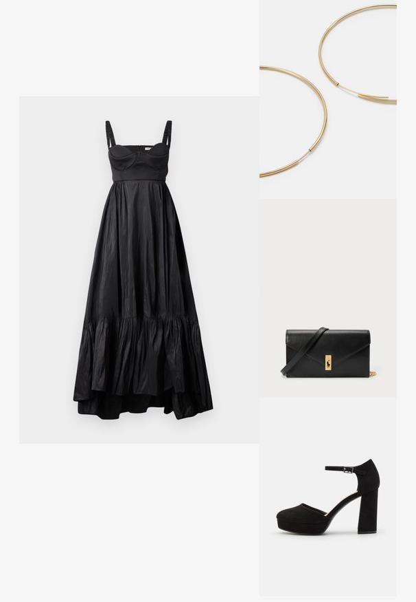 Juoda maxi suknelė iš lygaus audinio, turinti pritaikytą liemenį, ryškias kraštines ir reguliuojamus pečių dirželius.; Juodi zomšiniai platforminiai kulniukai su storu bloku kulnu, apvalia nosimi ir čiurnos dirželiu, kuris pritvirtintas metaliniu užsegimu. Visoje apavo tekstūra lygi.; Aukso spalvos žiedo auskarai, ploni ir apvalūs, su lygiu metaliniu paviršiumi be papuošimų ar raštų.; Juodas odinis piniginė su užlenkiama sklende, auksinėmis detalėmis, su logotipo akcentu. Įeina nuimamas diržas nešiojimui.