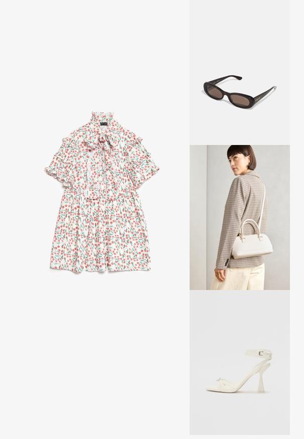 Vestido floral com um colarinho alto com babados, mangas curtas e um corpete ajustado. Base branca com estampa de cerejas vermelhas e folhas verdes.; Sandal de salto alto com tiras em couro branco, com um design elegante, um salto bloco transparente e um elemento decorativo na ponta.; Óculos de sol de tartaruga com lentes ovais, vidro castanho escuro e marca "vogue" em metal nas hastes. Armações de plástico lisas.; Bolsa estruturada branca com alças curtas e uma alça de ombro, com detalhes em hardware dourado e material texturizado, exibida contra um fundo cinza.