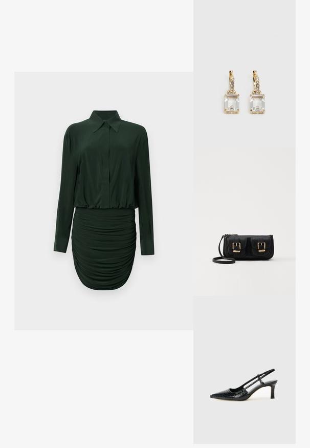 Mørkegrønn kjole med krage, lange ermer og en rynket skjørt. Laget av et glatt stoff med en tettsittende silhuett.; Sorte patent slingback hæl med spids tå, featuring tekstureret slangeskind, justerbar rem og en kort, tekstureret blokhæl.; Svart skinn crossbody veske med to frontlommer, gyldne spenner, glidelåslukking og en slank stropp. Teksturert overflate og kompakt rektangulær form.; Gullfargede øreringer med en rektangulær, klar krystall som henger under en rad av små, runde klare akenter. Elegante, moderne design.