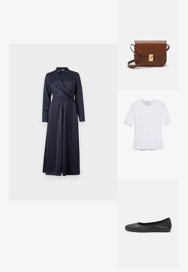 Marella ADDIRSI - Vestido camisero - navy; Camiseta de manga corta blanca hecha de tela de canalé. Cuello redondo, corte regular y detalles de costura sutiles. Sin patrones ni gráficos.; Bailarina de piel negra con punta redondeada, textura suave, detalle de costura minimalista y diseño de suela flexible.; Bolso de mano de cuero marrón con cierre de solapa, herrajes en tono dorado, correa para el hombro y una textura suave. Forma rectangular compacta.