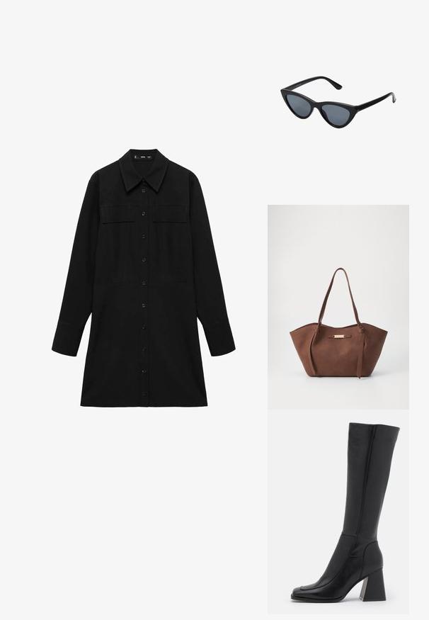 Čierne šaty s dlhým rukávom vyrobené z hladkej látky, s prešívaným predným dielom, dvoma vreckami na hrudi a klasickým dizajnom goliera.; Čierne kožené čižmy po kolená s obdĺžnikovým špičkou, hladkou textúrou, zúženým dizajnom a masívnym blokovým opätkom. Obsahujú detaily švov.; Čierne slnečné okuliare v štýle mačacích očí s tmavošedými sklami, elegantným plastovým rámom, špicatými rohmi a rovnými stranami. Bez viditeľného hardvéru alebo akcentov.; Anna Field Kabelka - brown
