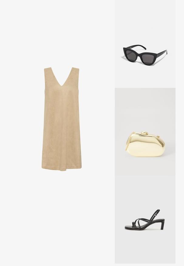 Beżowa sukienka bez rękawów z głębokim dekoltem w kształcie litery V, wykonana z miękkiego, teksturowanego materiału. Luźny krój z sylwetką w kształcie litery A, idealna na ciepłe dni.; Czarne sandały na obcasie z prostokątnym noskiem i niskim słupkowym obcasem. Posiadają wiele cienkich pasków i regulowany pasek na kostkę. Wykonane z gładkiej skóry.; Czarne okulary przeciwsłoneczne w kształcie kociego oka z matowym wykończeniem, z szarymi soczewkami, ostrymi kątami i smukłymi bocznymi ramionami. Nazwa marki widoczna na wewnętrznej części ramienia.; Metaliczna złota kopertówka o gładkim, zaokrąglonym kształcie, z górnym zapięciem na guzik i małym łańcuszkiem do noszenia.