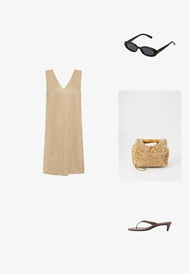 Beige ärmelloses Kleid mit tiefem V-Ausschnitt, aus weichem, strukturiertem Stoff. Lockerer Schnitt mit A-Linie, geeignet für warmes Wetter.; Braune, mit Absatz versehene Flip-Flop-Sandale mit einem schmalen Riemen und abgerundetem Zehensteg, der ein kleines goldfarbenes Akzent auf dem Fußbett aufweist.; Schwarze, oversized Sonnenbrillen mit ovalen Gläsern, glattem Kunststoffrahmen und goldenen Akzenten an den Bügeln. Die dunklen Gläser bieten Sonnenschutz.; Geflochtene Strohtasche mit Bambusgriffen, ausgestattet mit einem strukturierten Fransen-Design in natürlichem Beige und einem goldenen Kettenriemen.