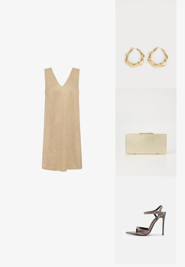 Šviesiai kreminė suknelė be rankovių, su gilia V formos iškirpte, pagaminta iš švelnaus, tekstūruoto audinio. Laisvas pjaustymas su A formos siluetu, tinkama šiltam orui.; Aukštakulniai sandalai su daugiakrypčiu, tekstūruotu gyvatės raštu. Savybės - reguliuojamos kulkšnies juostos ir smailus pirštas.; Auksinė delninė su lygiu metaliniu paviršiumi, stačiakampio formos ir paprastu užsegimu. Nėra matomų raštų ar dekoracijų.; Auksiniai žiediniai auskarai su banguotu, tekstūruotu dizainu. Turintys ploną vielinį užsegimą ir poliruotą, atspindinčią paviršių.