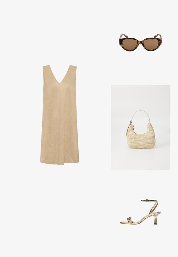 Bežové bezrukávové šaty s hlbokým výstrihom do V, vyrobené z mäkkej, textúrovanej tkaniny. Voľný strih s A-liniou, vhodné na teplé počasie.; Zlaté kovové sandále na vysokom podpätku s popruhom okolo členka, dvoma úzkymi prednými pásmi a blokovým podpätkom. Obsahuje dekoračné ozdoby.; Hnedé slnečné okuliare v štýle mačacích očí s hnedými sklami a hladkým povrchom. Rám má zakrivené ramená s jemným vzorom.; Tkaná slamenná kabelka v béžovej farbe s oblým tvarom, krátkym uškom a bočným zipsom. Má textúrovaný povrch a minimalistický dizajn.