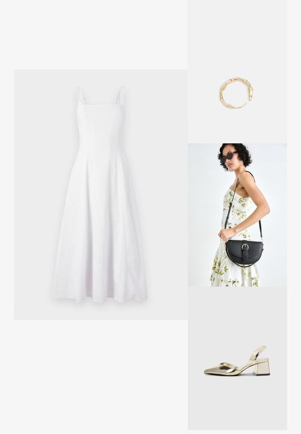 Vit linnéklänning med fyrkantig halsringning, tunna axelremmar och en utsvängd kjol, med subtil textur och mittlängd.; Guld, metalliska slingback-klackar med spetsig tå och chunky klack. Slät textur, minimalistisk design och en smal rem.; Svart läderhandväska med en böjd form, avtagbar rem och guldiga detaljer. Väskan har ett lock med en spänndetalj.; Ring i guldutförande med en organisk, vriden design, slät yta och avsmalnande ändar, vilket ger ett modernt, skulpturalt utseende.