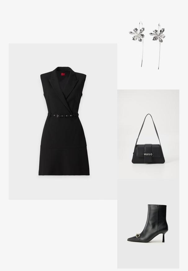 Black tailored dress with a sleeveless design, notch lapels, a belted waist, and a smooth texture. Features a fitted silhouette and a flared hem.; Black leather ankle boot with pointed toe, slim mid-height heel, and silver buckle detail on side against plain background.; Black leather handbag with a triangular shape, featuring a front flap, silver hardware, and the embossed logo "HUGO." Single shoulder strap.; Silver flower-shaped earrings with a textured finish, featuring long hooks and petal-like details for an intricate design.