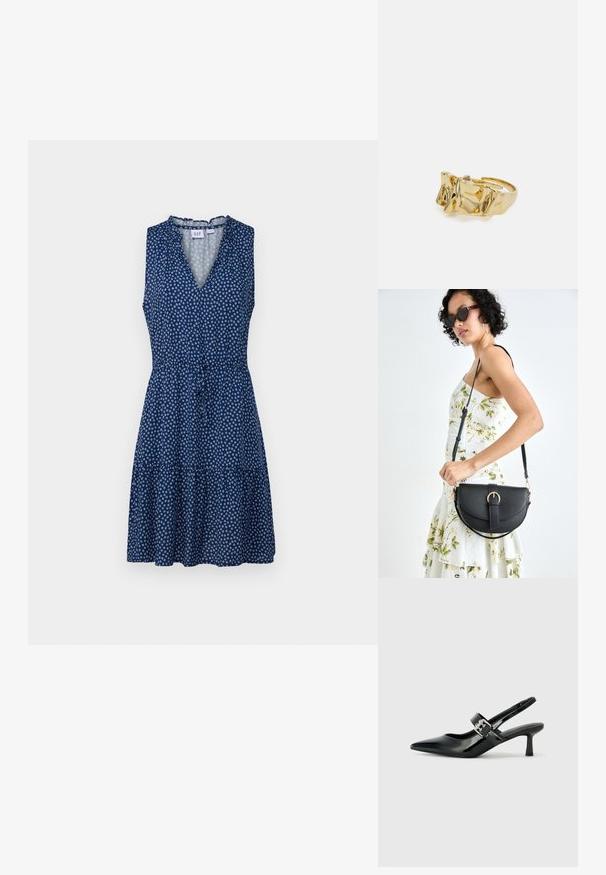 GAP ZEN EWAIST - Dnevna obleka - navy floral; Črne patent usnjene slingback pete s koničastim nosom in majhnim blok peto, ki vključujejo srebrno zaponko na traku.; Črna usnjena torbica s ukrivljeno obliko, z odstranljivo naramnico in zlatimi dodatki. Torbica ima pokrov s podrobnostmi v obliki zaponke.; Zlati prstan z teksturiranim, valovitim dizajnom, ki ima tri izrazite vrhove. Gladka, sijoča površina z odprtim pasom za prilagodljivo prileganje.