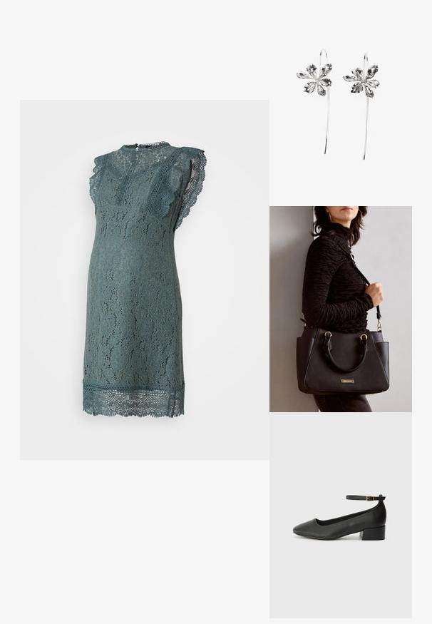 Čipkasta obleka v teal barvi, ki se ponaša z valovitimi rokavi, cvetličnimi vzorci in oprijetim siluetom. Podrobnosti vključujejo visok ovratnik in čipkast rob na dnu.; Črne usnjene pumpice z nazobčanimi prsti in nizko blokasto peto. Imajo trak okoli gležnja z zaponko v zlatem tonu. Gladka tekstura.; Črna torbica z teksturirano površino, z dvema zgornjima ročajema in nastavljivim ramenskim pasom. Ima zlatovrateče dodatke in stranske žepe.; Srebrne uhani v obliki rože z teksturirano površino, ki imajo dolge kavljice in podrobnosti, podobne cvetnim listom, kar ustvarja zapleten dizajn.