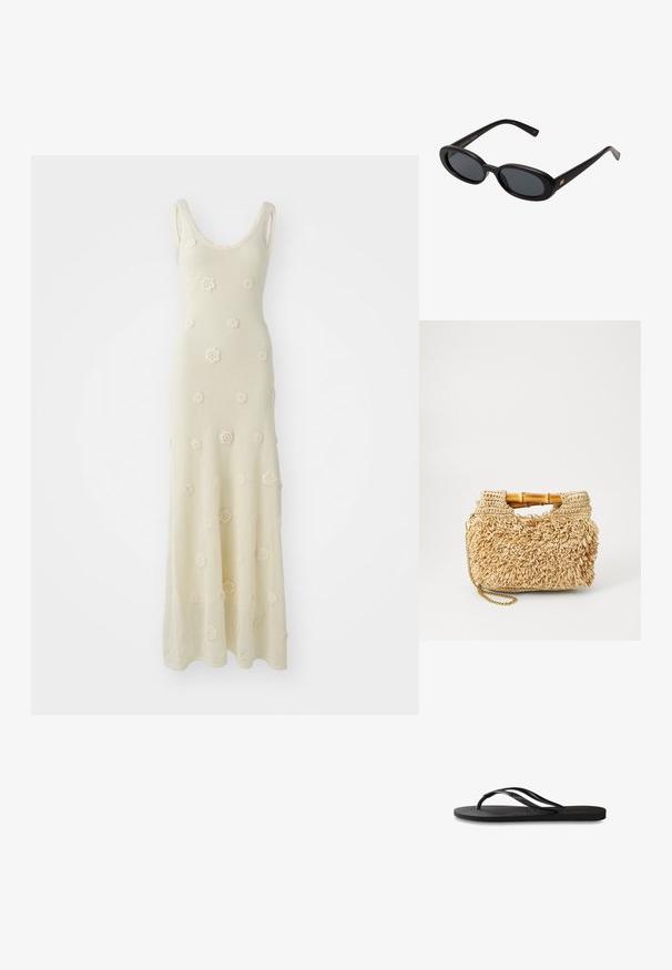 Strick-Maxikleid in Off-White mit Rundhalsausschnitt. Verfügt über gehäkelte Blumendetails und hat eine taillierte Form, die am Saum ausgestellt ist.; Schwarze Flip-Flops mit einer strukturierten Gummisohle, zwei schlanken Riemen und einem dezenten, geprägten Logo-Detail auf dem Riemen.; Schwarze, oversized Sonnenbrillen mit ovalen Gläsern, glattem Kunststoffrahmen und goldenen Akzenten an den Bügeln. Die dunklen Gläser bieten Sonnenschutz.; Geflochtene Strohtasche mit Bambusgriffen, ausgestattet mit einem strukturierten Fransen-Design in natürlichem Beige und einem goldenen Kettenriemen.