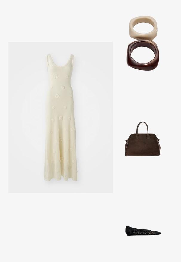 Strick-Maxikleid in Off-White mit Rundhalsausschnitt. Verfügt über gehäkelte Blumendetails und hat eine taillierte Form, die am Saum ausgestellt ist.; Schwarze gehäkelte Ballerinas mit spitzer Zehe, ausgestattet mit einer geflochtenen Textur und einer dezenten Innenauskleidung, die für Komfort und Atmungsaktivität sorgt.; Braune Wildlederhandtasche mit runder Form, doppelten oberen Griffen und dezenter Logo. Sie zeichnet sich durch eine glatte Textur und ein minimalistisches Design aus.; Stradivarius SET - Armband - dark brown