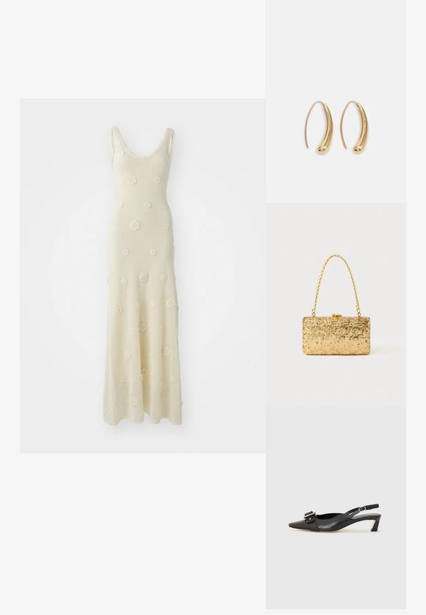 Strick-Maxikleid in Off-White mit Rundhalsausschnitt. Verfügt über gehäkelte Blumendetails und hat eine taillierte Form, die am Saum ausgestellt ist.; Schwarzer Leder Slingback-Schuh mit spitzer Zehenform, kleinem Absatz und dekorativem Schnallen-Detail auf dem Obermaterial. Glatte Textur, minimalistisches Design.; Goldene Pailletten-Clutch mit rechteckiger Form, ausgestattet mit einem gedrehten Kettenhenkel und einem Metallverschluss, der das Licht mit einer strukturierten Oberfläche reflektiert.; Goldfarbene Metall-Hoops mit einer geschwungenen, länglichen Form. Sie verfügen über eine glatte, glänzende Oberfläche und eine abgerundete Spitze für zusätzliche Details.