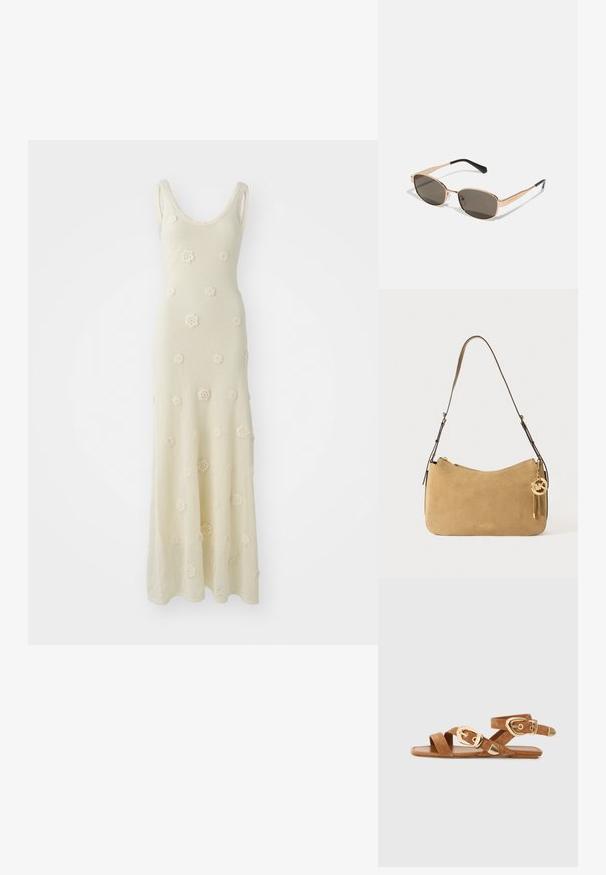 Pletené maxi šaty v off-white farbe s okrúhlym výstrihom. Majú detailné vyšívané kvety a priliehavý strih, ktorý sa na leme rozširuje.; Hnedé semišové sandále s krížovými popruhmi, zlatými prackami a plochou podrážkou. Dizajn má otvorenú pätu a zaoblenú špičku.; Obdĺžnikové slnečné okuliare s zlatým kovovým rámom a tmavými sklíčkami. Doplniteľné štíhlymi čiernymi ramenami, ktoré preukazujú minimallistický dizajn.; Kozmetická taška z pieskového semišu s zakriveným tvarom, zlatými kovovými doplnkami a zipsovým uzáverom. Obsahuje pripojený prívesok s iniciálkami "MK".