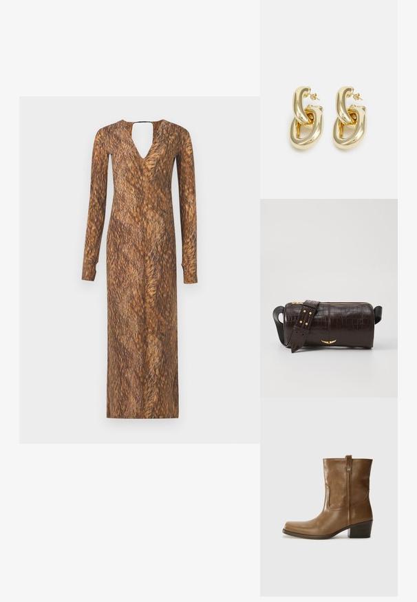 Vestido de mangas longas com decote em V e costas com abertura em forma de chave, apresentando uma textura e padrão castanho semelhante a pelo em todo o tecido.; Bota de tornozelo em couro castanho com bico quadrado, acabamento texturizado e salto baixo em camadas. Apresenta uma alça na parte de trás e detalhes de costura discretos.; Bolsa de couro com textura de crocodilo na cor marrom, com forma cilíndrica, metalizações em tom dourado e uma alça destacável com tachas.; Rabanne XL LINK DOUBLE HOOP EARRINGS - Brincos - gold-coloured