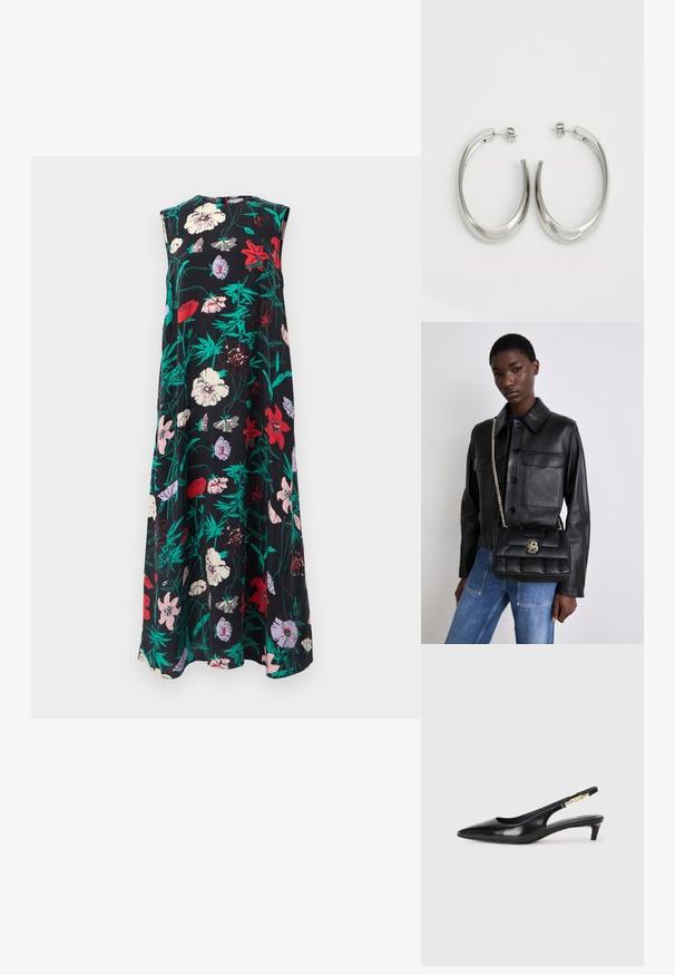 Marimekko MIGOT PERENNA - Maxikjole - black/turquoise/pink; Sorte lærreim hæler med spiss tå, som har en slank hæl og en gullfarget detalj på den justerbare stroppen. Glatt tekstur.; Svart skinnjakke med knappelukking og to frontlommer, sammen med en svart kviltet håndveske med gullspenne og kjedehank.; Sølvøreringer med en jevn, buet design. Har en blank metallisk finish og en studlås. Ingen synlige mønstre eller aksenter.