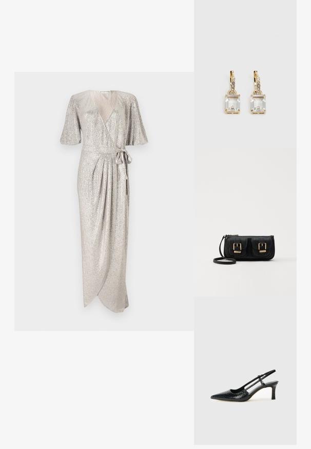 Metalická strieborná obliečka s krátkymi rozšírenými rukávmi, výstrihom do V, viazaním v páse a plisovaným predným detailom, vyrobená z textúrovanej látky.; Čierne patentové slingback topánky na ihlovom podpätku s špicatou špičkou, s textúrovaným hadím vzorom, nastaviteľným popruhom a krátkym, textúrovaným blokovým podpätkom.; Čierna kožená crossbody taška s dvoma prednými vreckami, zlatými sponami, zipsovým uzatváraním a úzkym popruhom. Štruktúrovaný povrch a kompaktný obdĺžnikový tvar.; Náušnice v zlatej farbe, ktoré majú obdĺžnikový, transparentný kryštál visiaci pod radom malých, guľatých, čírych akcentov. Elegantný, moderný dizajn.