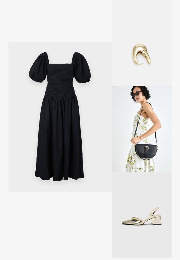 Schwarzes Kleid mit quadratischem Ausschnitt, gerafftem Oberteil und Puffärmeln. Der Rock ist gerafft und erzeugt eine fließende Silhouette.; Goldene, metallische Slingback-Absätze mit spitzem Zeh und dicker Ferse. Glatte Textur, minimalistisches Design und ein schmaler Riemen.; Schwarze Lederhandtasche mit geschwungener Form, abnehmbarem Tragegurt und goldenen Beschlägen. Die Tasche verfügt über einen Deckel mit einer Schnallen-Details.; Ohrringe aus goldfarbenem Metall mit einem schlanken, geschwungenen Design. Sie verfügen über eine markante, spitze Form, eine polierte Oberfläche und einen Scharnierverschluss.