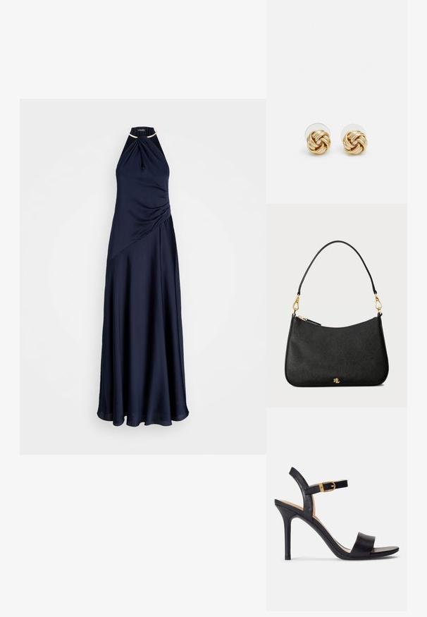 Tamsiai mėlynas kūno suknelė su surinkta medžiaga, pūsta sijoną ir subtiliu blizgesiu. Išryškinta dekoratyvi apykaklė.; Juodos aukštakulnės sandalai, turintys lygaus odos paviršiaus, atvirą pirštą ir vienos juostos dizainą su auksiniu užsegimu.; Juodas odinis rankinukas su struktūrizuotu dizainu, turintis užtrauktuko užsegimą, nuimamą dirželį ir auksinius aksesuarus.; Aukso spalvos mazgo auskarai su sukimo dizainu. Kiekvienas auskaras turi apvalų skaidrų pagrindą, užtikrinantį saugų dėvėjimą.