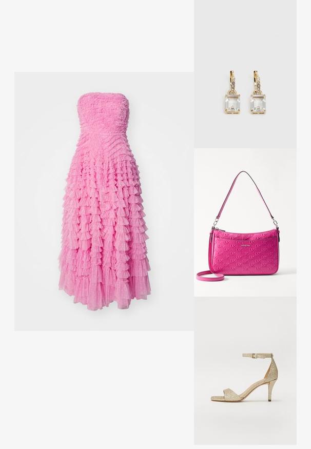 Needle & Thread HATTIE RUFFLE STRAPLESS ANKLE GOWN - Îmbrăcăminte de ocazie - camellia pink; Sandale cu toc înalt aurii, strălucitoare, cu brățară la gleznă, vârf deschis și parte din față în formă pătrată. Dispune de un toc subțire și îngust pentru a oferi înălțime.; Geantă de mână compactă, roz, din piele texturată, cu un model de logo embosat, închidere cu fermoar și curea ajustabilă.; Cercei aurii care prezintă un cristal clar, rectangular, suspendat sub un rând de accente mici, rotunde, clare. Design elegant și modern.