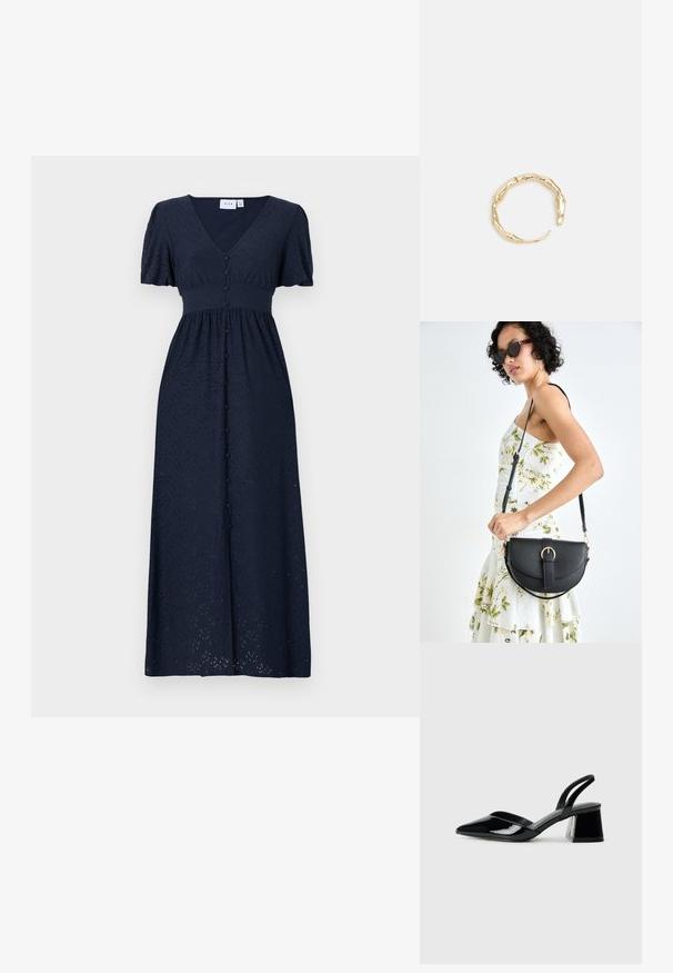 Navy zila maxi kleita ar īsām pūkainām piedurknēm, V veida kakla izgriezumu, teksturētu audumu un priekšējo pogu aizdari, dekorēta ar izšūtiem rakstiem visā kleitā.; Melna lakota āda ar atvērto papēdi, ar smailu purngalu un ģeometrisku blokpapēdi. Iezīmējas elegants, minimāls dizains un gluda tekstūra.; Melnas ādas rokassoma ar izliekta formu, noņemamu siksnu un zelta aksesuāriem. Somai ir vāciņš ar sprādzes detaļu.; Zelta toņa gredzens ar organisku, vērptu dizainu, gludu virsmu un sašaurinātiem galiem, radot mūsdienīgu, skulpturālu izskatu.