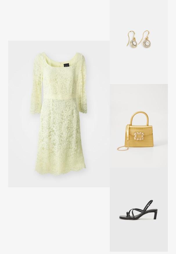 Robe en dentelle de couleur jaune pâle, avec des manches trois-quarts, un décolleté arrondi et une taille cintrée avec un motif floral texturé.; Sandale noire à lanières avec un bout carré et un petit talon bloc. Elle présente plusieurs fines lanières et une sangle de cheville ajustable. Fabriquée en cuir lisse.; Sac à main en faux crocodile jaune avec un design structuré, une poignée supérieure, une bandoulière en chaîne amovible, et un ornement cristallin décoratif sur le fermoir.; Boucles d'oreilles en ton or avec des cristaux transparents en forme d'ovale entourés de plus petits cristaux transparents, dotées d'un design à crochet pour un port sécurisé.