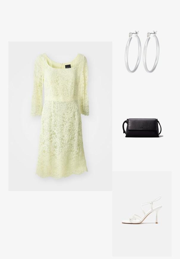 Kerge kollane pitskleit, millel on kolmeveerandikäised varrukad, ümar kaelus ja liibuv talje, millel on tekstuuriga lillemuster.; Valge rihmadega kõrge kontsaga sandaal, millel on lamedad varbatoed, tekstuuriga esiosa kogutud detailidega ja kitsas pahkluu rihm.; Mustast nahkclutch, millel on ristkülikuline kuju, sile tekstuur, lame klappkinnitus ja väike käepide külgedel. Omab peenelt logo.; Hõbedased rõngaskõrvarõngad, millel on sile, läikiv viimistlus. Ümmargune kuju ja turvaline klõpsulatus. Kerge disain, sobib igapäevaseks kandmiseks.