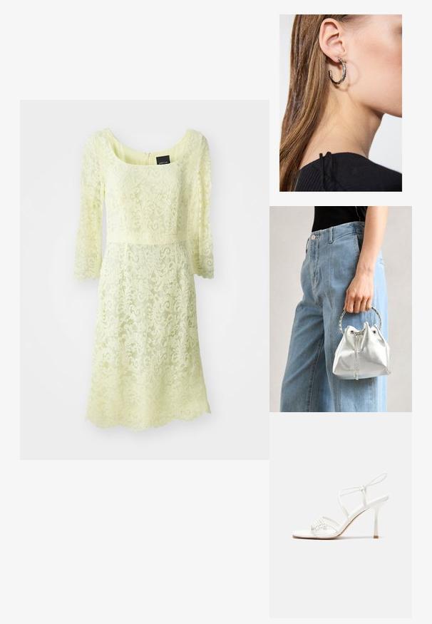 Pitkä hihallinen pitsimekko vaaleankeltaisena, jossa on kolme neljänneshihaa, syvä kaula-aukko ja istuva vyötärö, jossa on teksturoitu kukkakuosi.; Valkoinen remmillä varustettu korkokenkä, jossa tasapohja, teksturoitu etuosa koukkuineen ja kapea nilkkaremmi.; Metallinen hopeinen pussilaukku, jossa on teksturoitu pinta, koristeltu hopeisella pyöreällä kaksikahvalla ja kiristysnyörillä, pidetty vaaleansinisten farkkujen edessä.; Hopea renkaankorvakoru kiiltävällä pinnalla, jossa on pieniä kultaisia yksityiskohtia ja pyöreä muoto, käytetty korvalla.